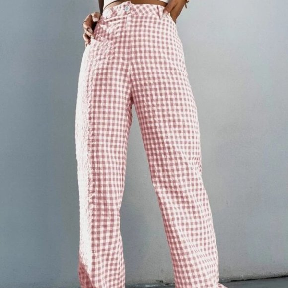 Gingham Print Wide Leg high waist Pants pink - Picture 5 of 6